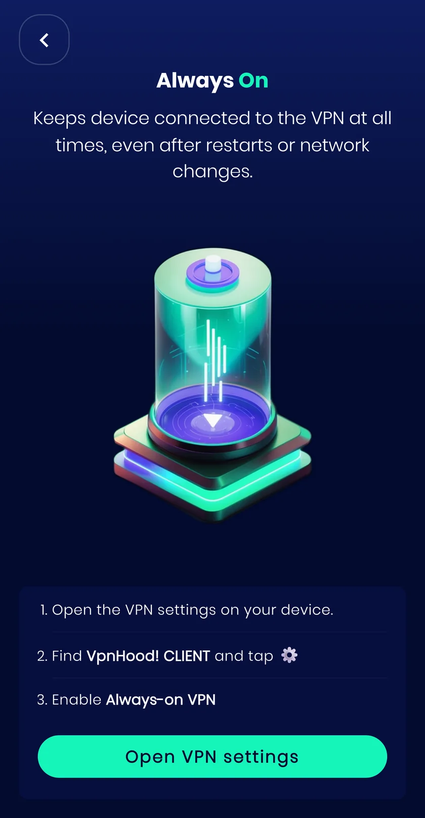 The Always On screen in the VpnHood! app