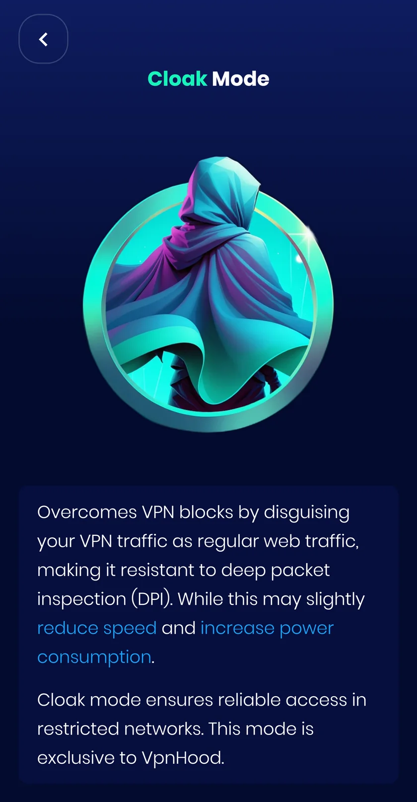 The Cloak Mode screen in the VpnHood! app