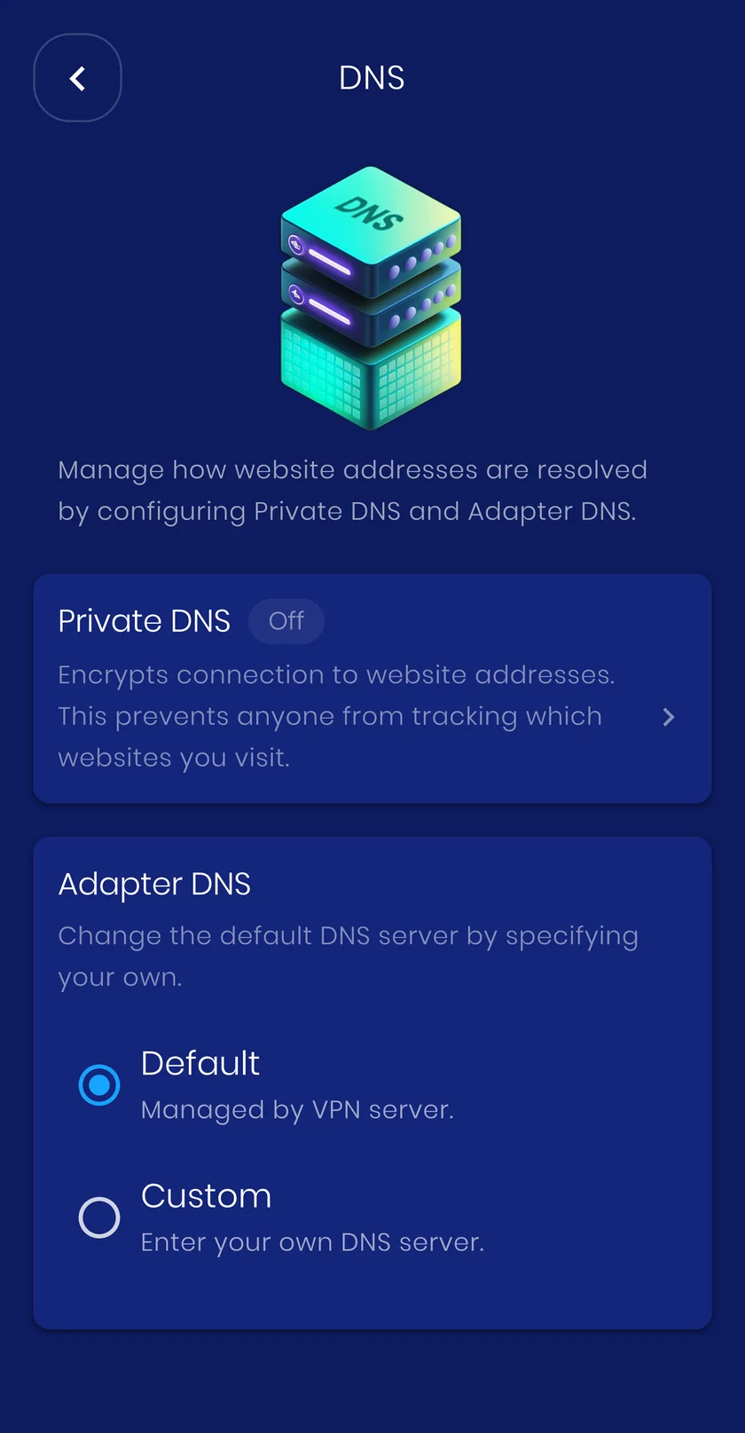 The DNS screen in the VpnHood! app, showing the Private DNS status and the Adapter DNS choice