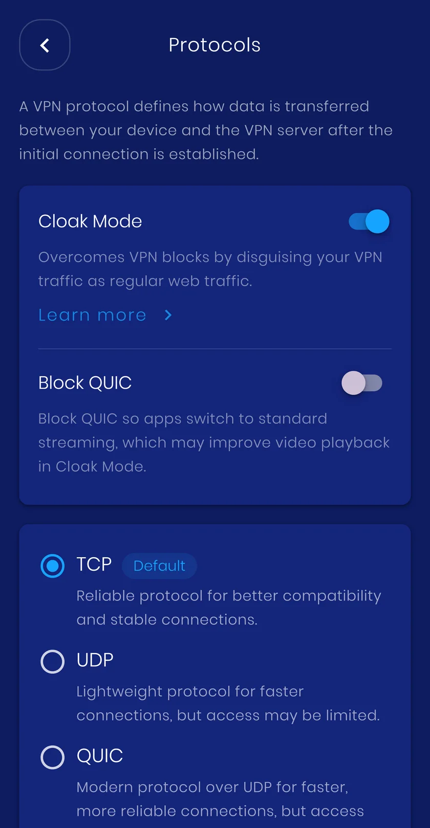 The Protocols screen in the VpnHood! app