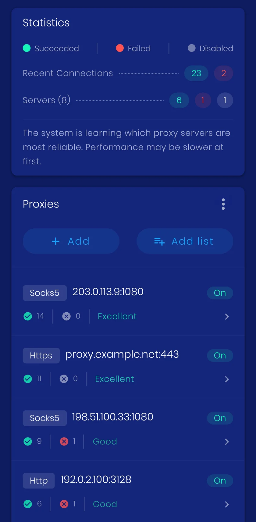The Smart Proxies screen in the VpnHood! app, showing a proxy list with quality ratings