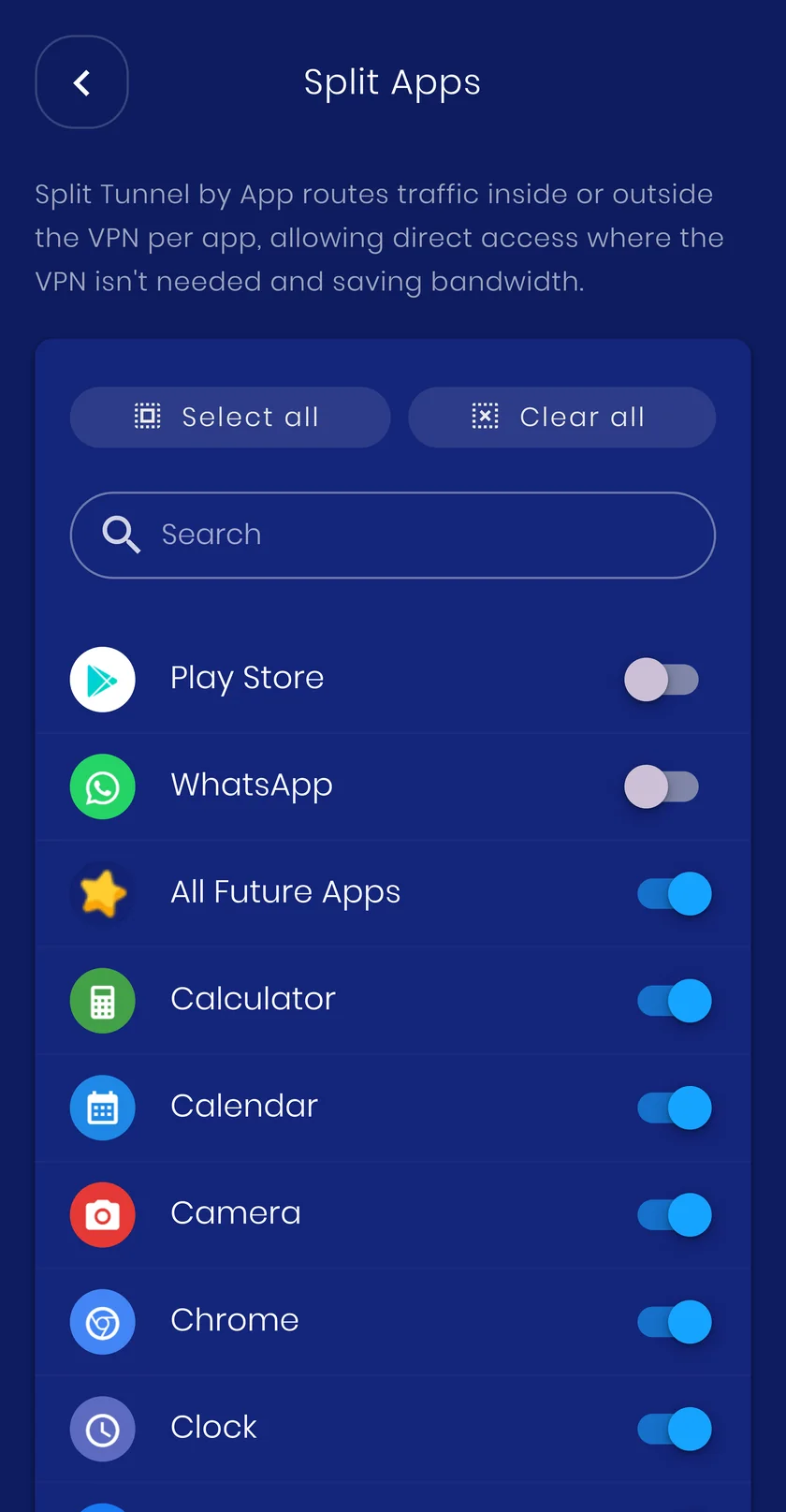 The Split tunneling by app screen in the VpnHood! app