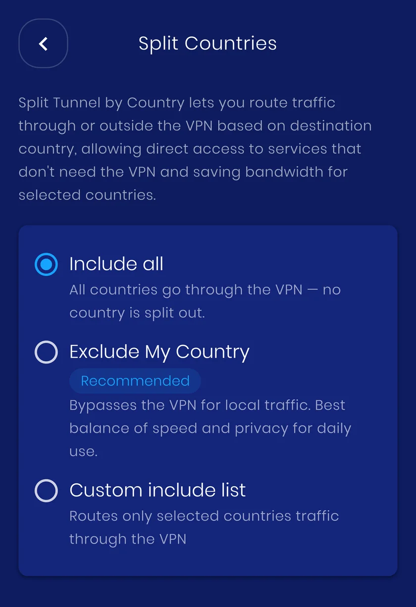 The Split tunneling by country screen in the VpnHood! app