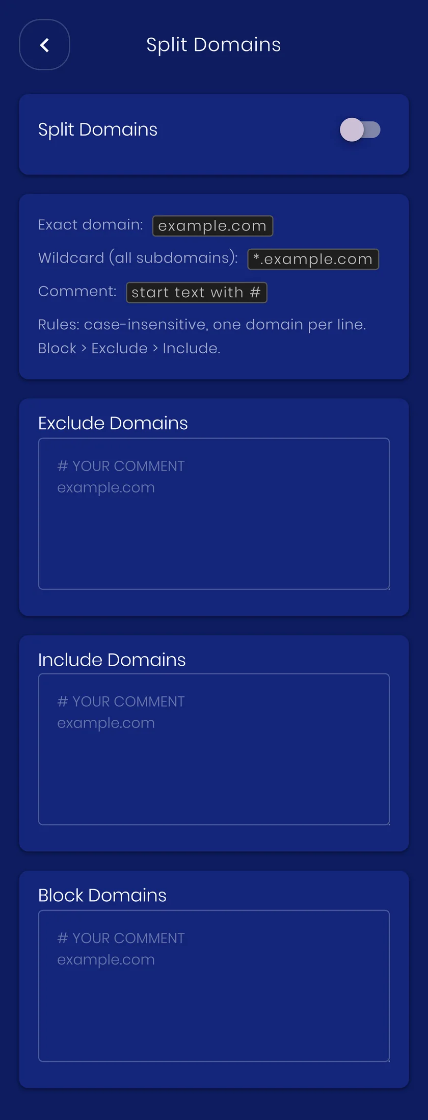 The Split tunneling by domain screen in the VpnHood! app