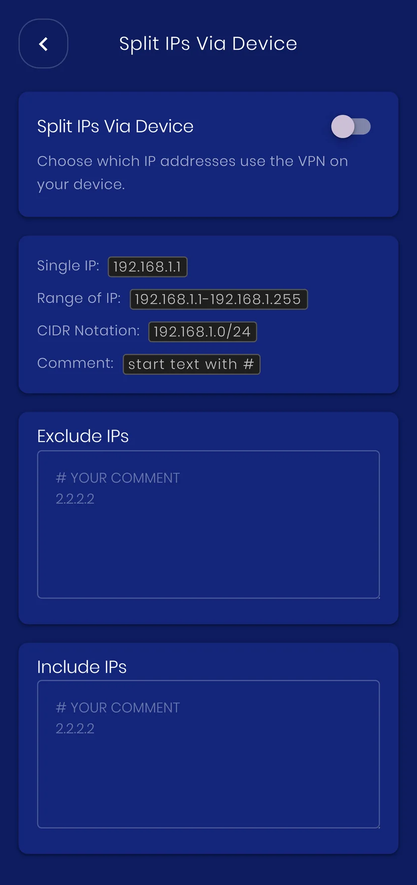 The Split tunneling by IP address screen in the VpnHood! app