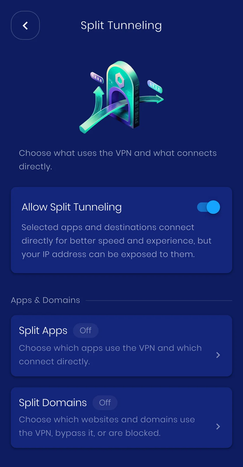 The Split tunneling screen in the VpnHood! app