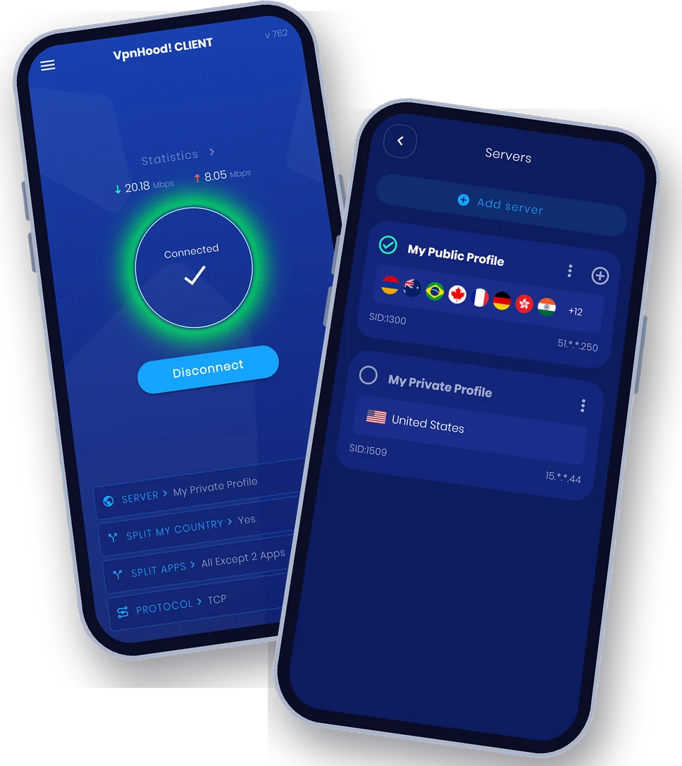 VpnHood! CLIENT sur deux téléphones : l'un connecté affichant la vitesse en direct, l'autre listant les profils de clés d'accès