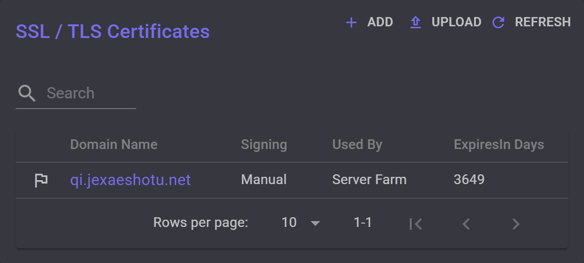 Die SSL/TLS-Zertifikate einer Server-Farm in VpnHood! MANAGER mit einem markierten Zertifikat